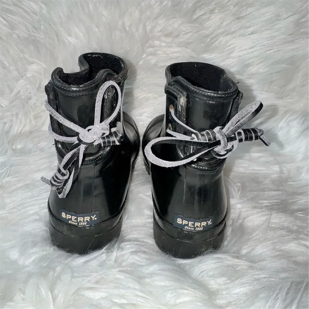 Sperry‎ Women's Black Walker Turk Waterproof Rain Boots Size 6 Tie Back Slip-on
